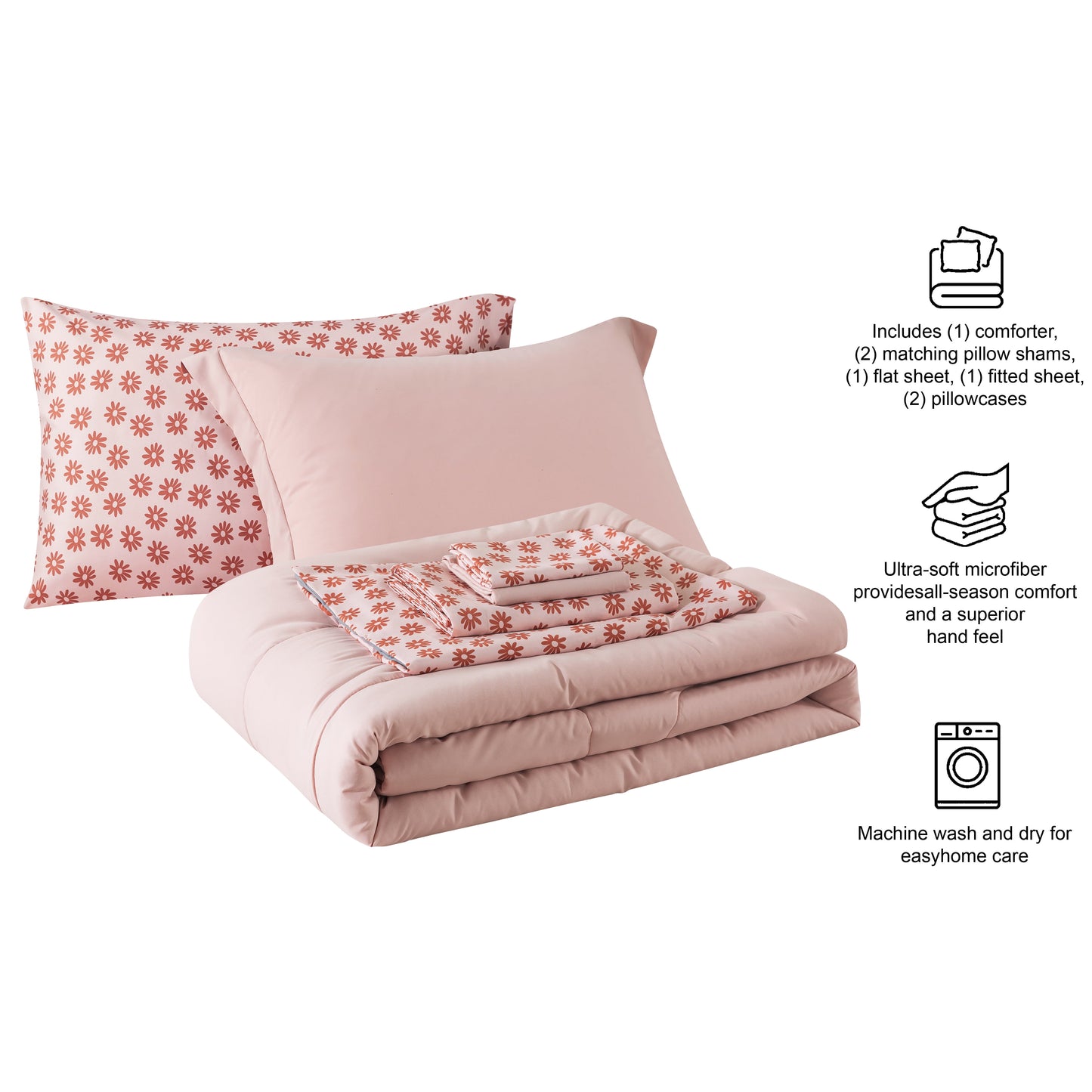 7 Piece Reversible Bed in a Bag Comforter Set with Sheets, Pink, Full