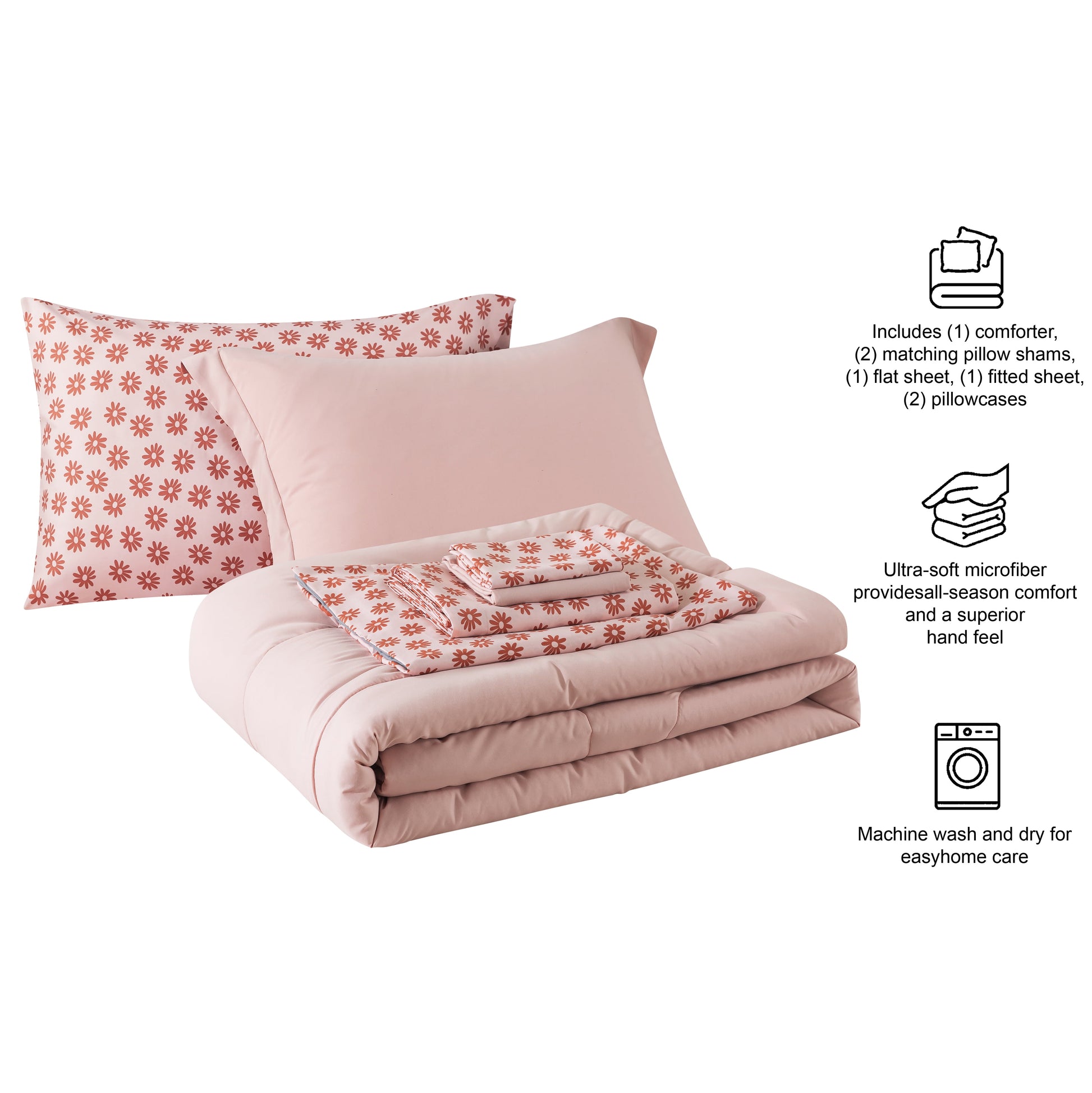 7 Piece Reversible Bed in a Bag Comforter Set with Sheets, Pink, Full