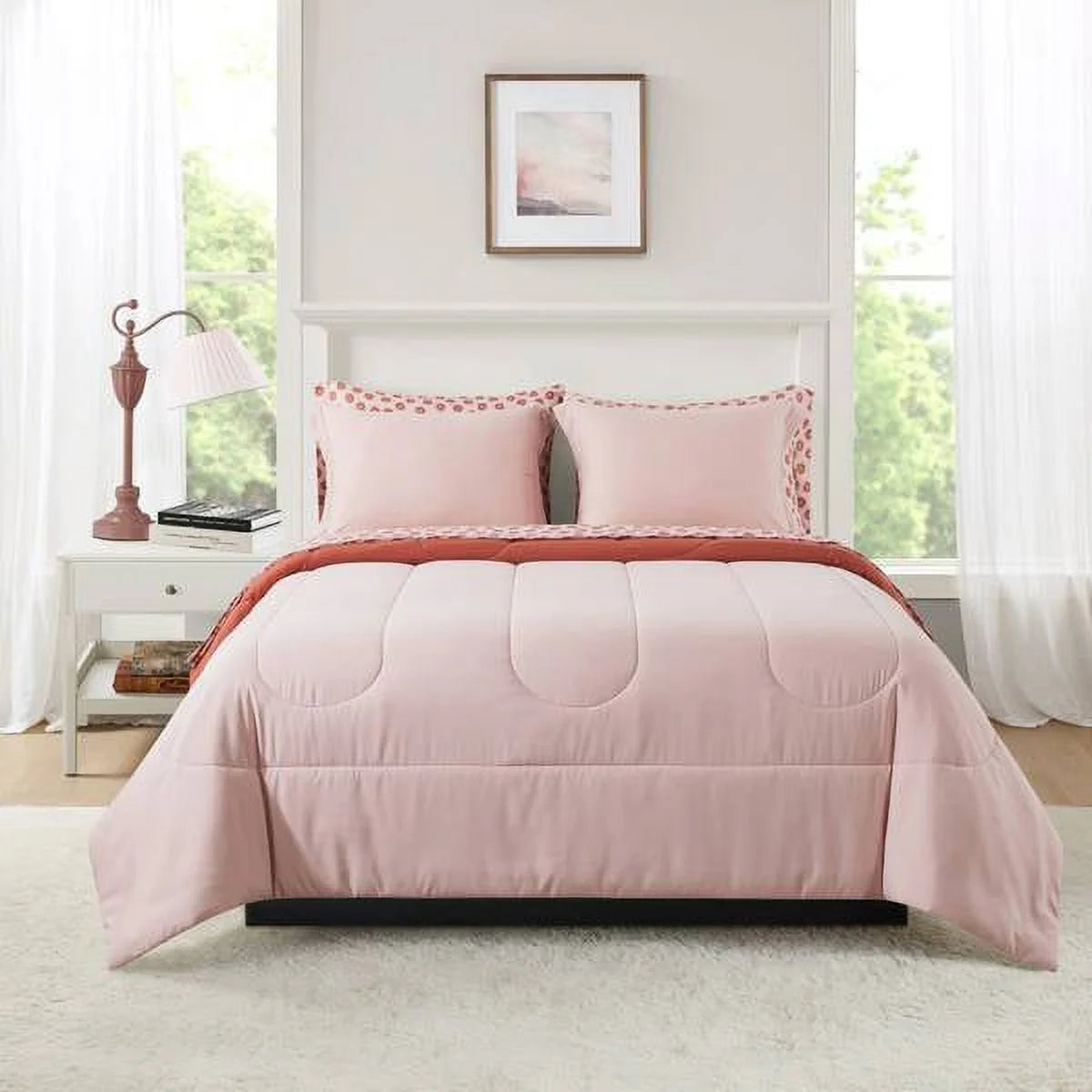 7 Piece Reversible Bed in a Bag Comforter Set with Sheets, Pink, Full